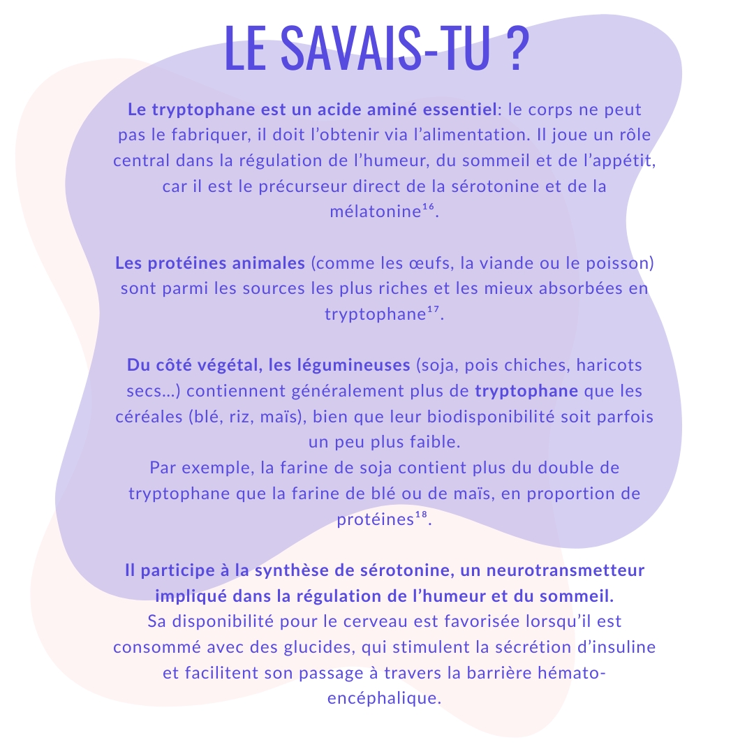 Le tryptophane est un acide aminé essentiel: le corps ne peut pas le fabriquer, il doit l’obtenir via l’alimentation. Il joue un rôle central dans la régulation de l’humeur, du sommeil et de l’appétit, car il est le précurseur direct de la sérotonine et de la mélatonine¹⁶. 